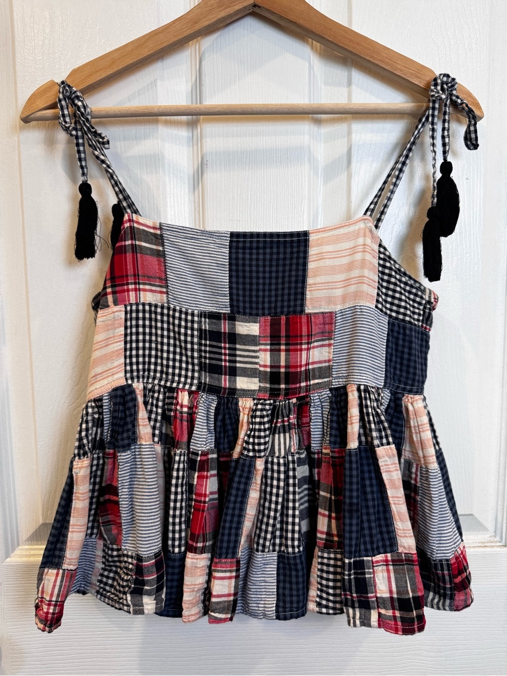 The Great Patchwork Plaid Cami Top Size 0 Tie Strap Peplum Tank Cottagecore Boho